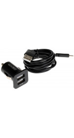 Car USB charger TypeC DEXP C15B2A TC (2A, 2xUSB, cable, 1m, data cable, black)
